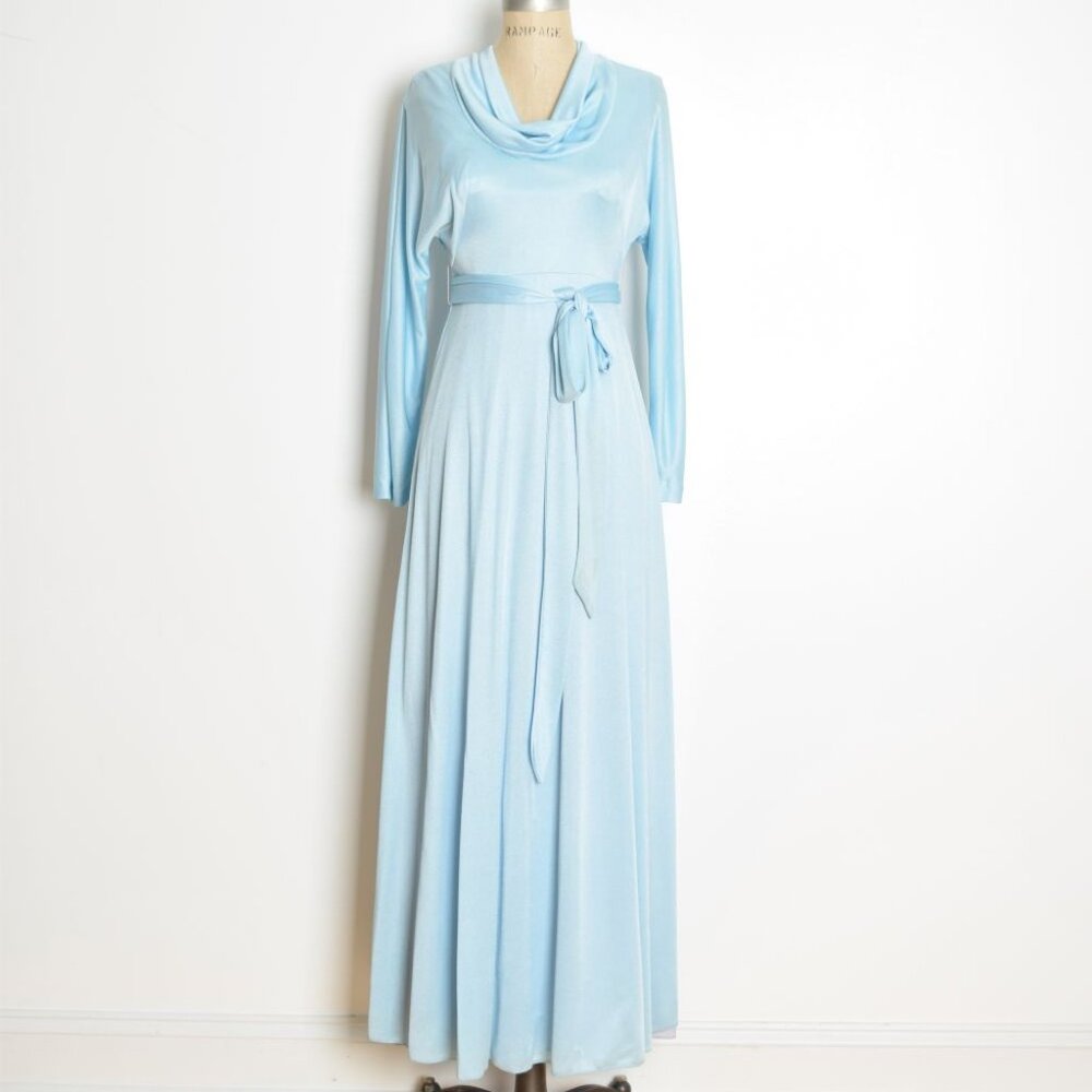 vintage 70s dress light blue draped cowl disco prom dress long maxi S belted